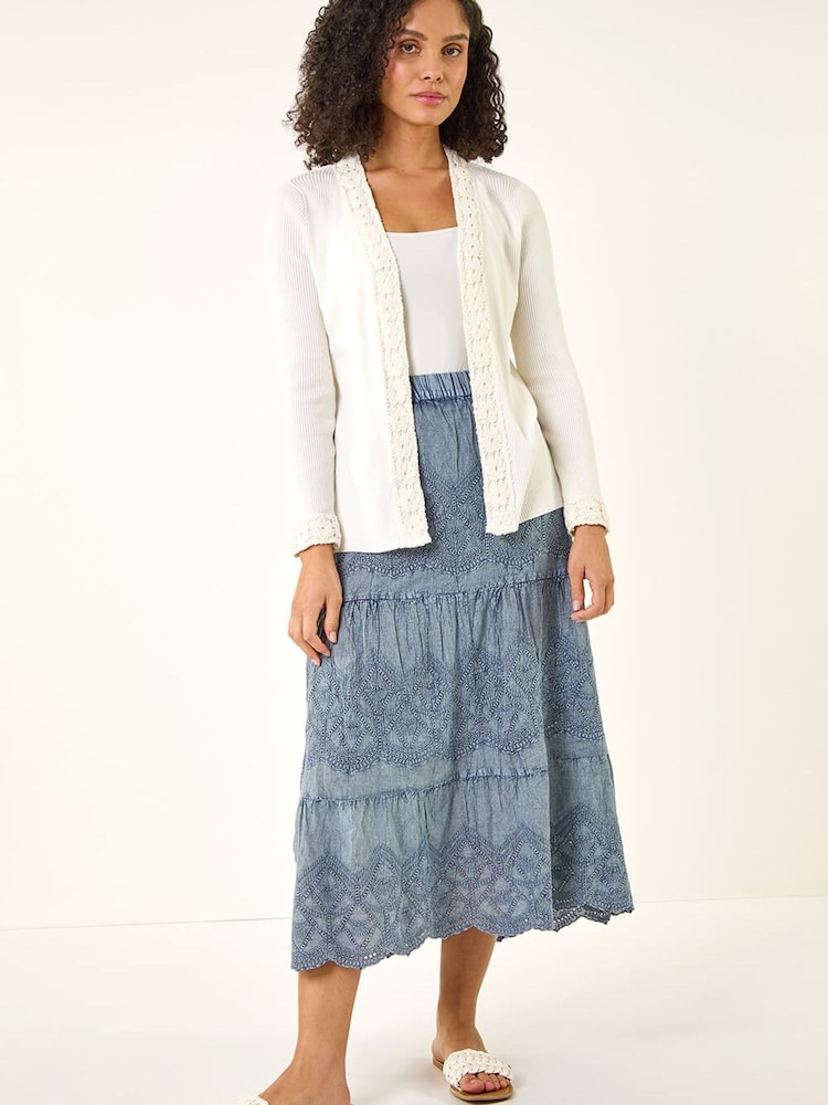 Roman White Crochet Trim Knit Cardigan - Image 1 of 5 Roman White Crochet Trim Knit Cardigan - Image 1 of 5