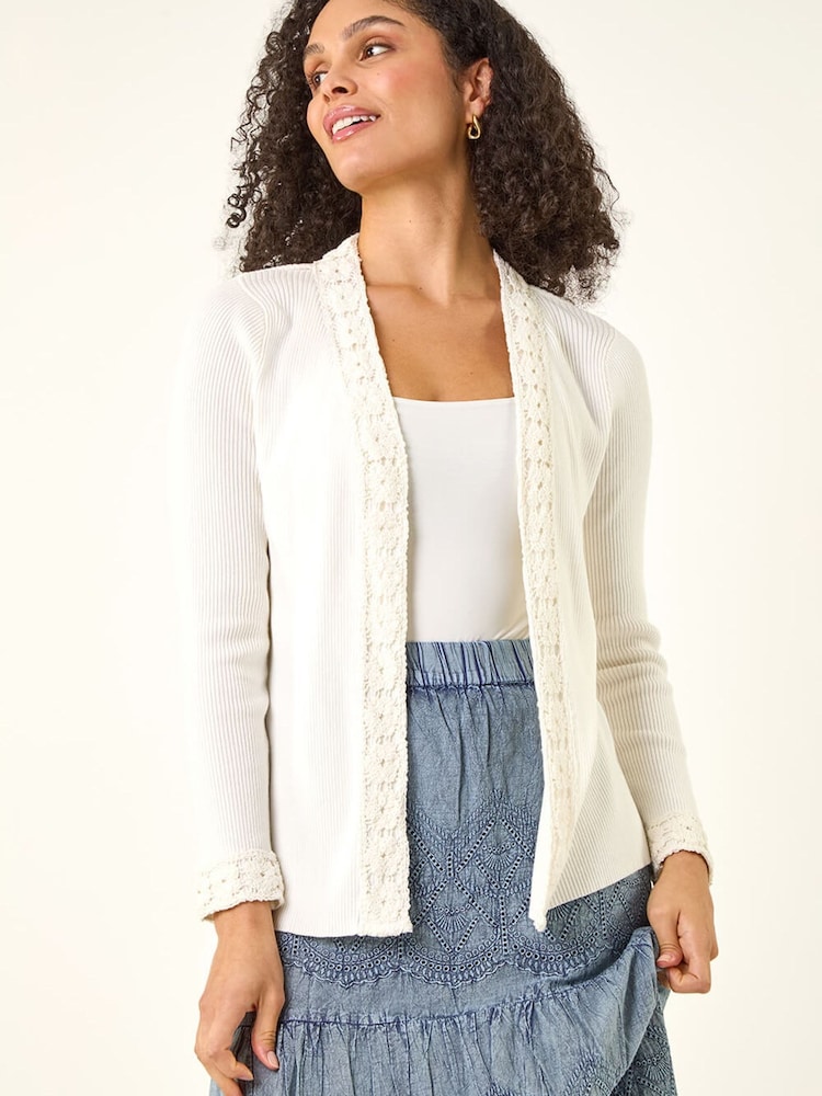Roman White Crochet Trim Knit Cardigan - Image 2 of 5 Roman White Crochet Trim Knit Cardigan - Image 2 of 5