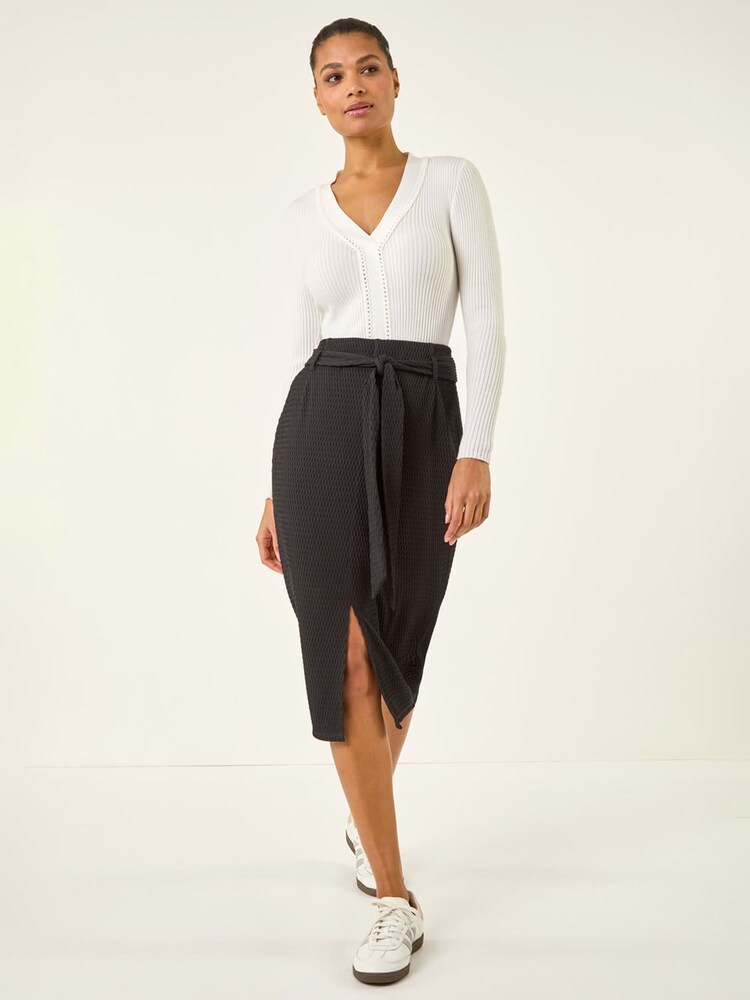 Roman Black Textured Belted Pencil Skirt - Image 2 of 5