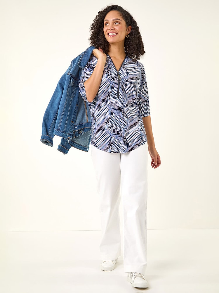 Roman Blue Printed Zip Front Top - Image 1 of 5