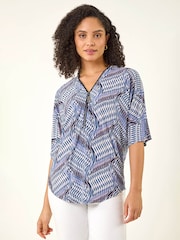 Roman Blue Printed Zip Front Top - Image 3 of 5