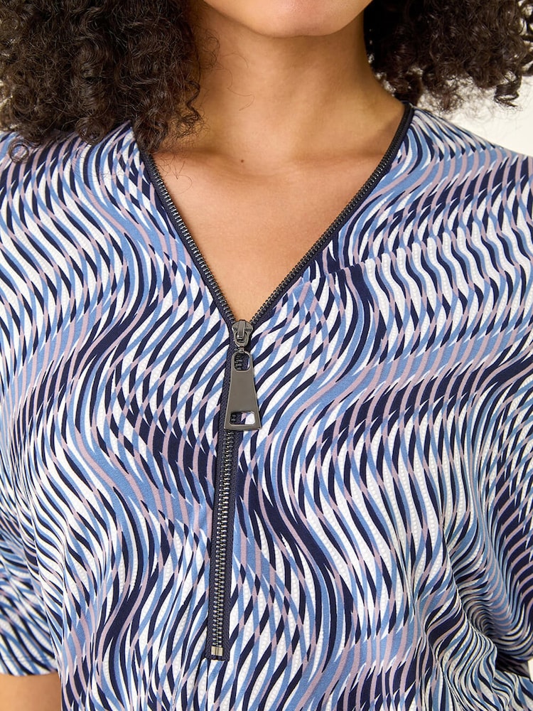 Roman Blue Printed Zip Front Top - Image 5 of 5