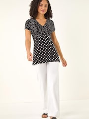Roman Black Contrast Polka Dot Gathered Top - Image 2 of 5
