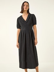 Roman Black Textured Frill Midi Dress - Image 1 of 5