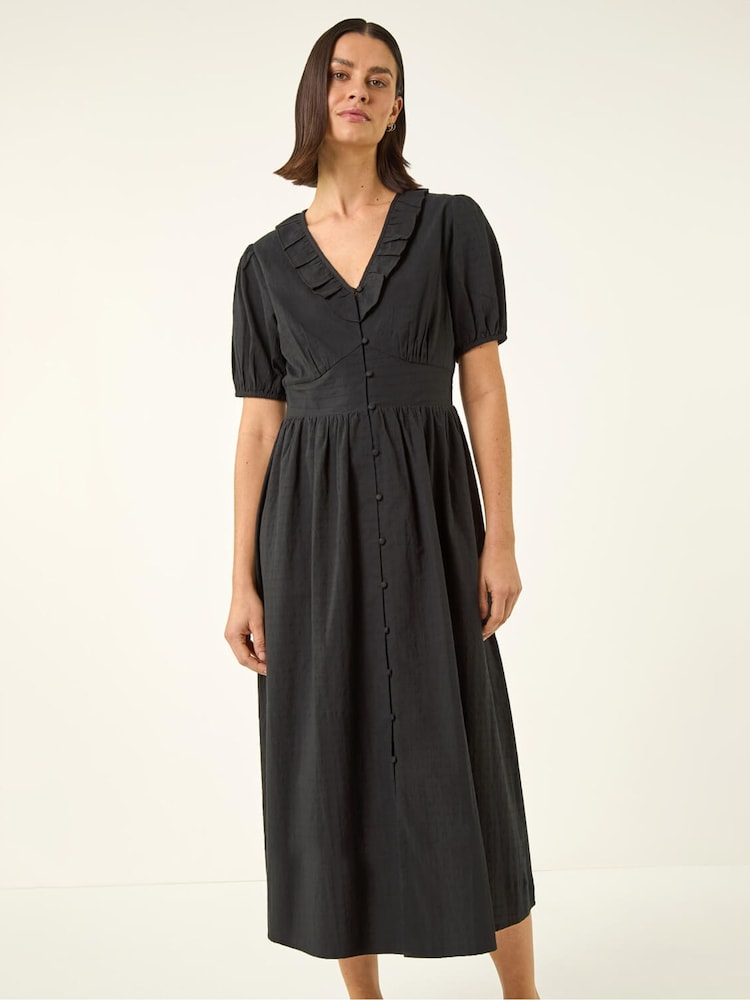Roman Black Textured Frill Midi Dress - Image 1 of 5