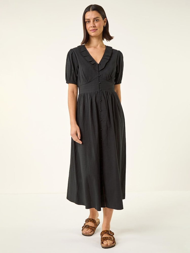 Roman Black Textured Frill Midi Dress - Image 2 of 5