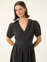 Roman Black Textured Frill Midi Dress - Image 4 of 5
