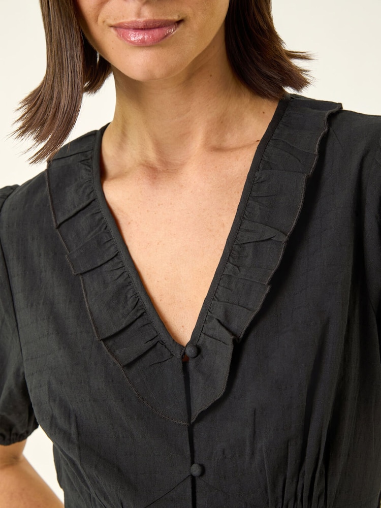 Roman Black Textured Frill Midi Dress - Image 5 of 5