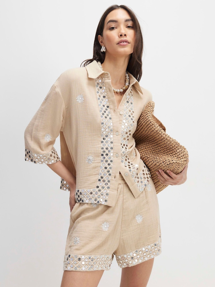 River Island Natural Sequin Embellished Beach Shorts - Image 1 of 4