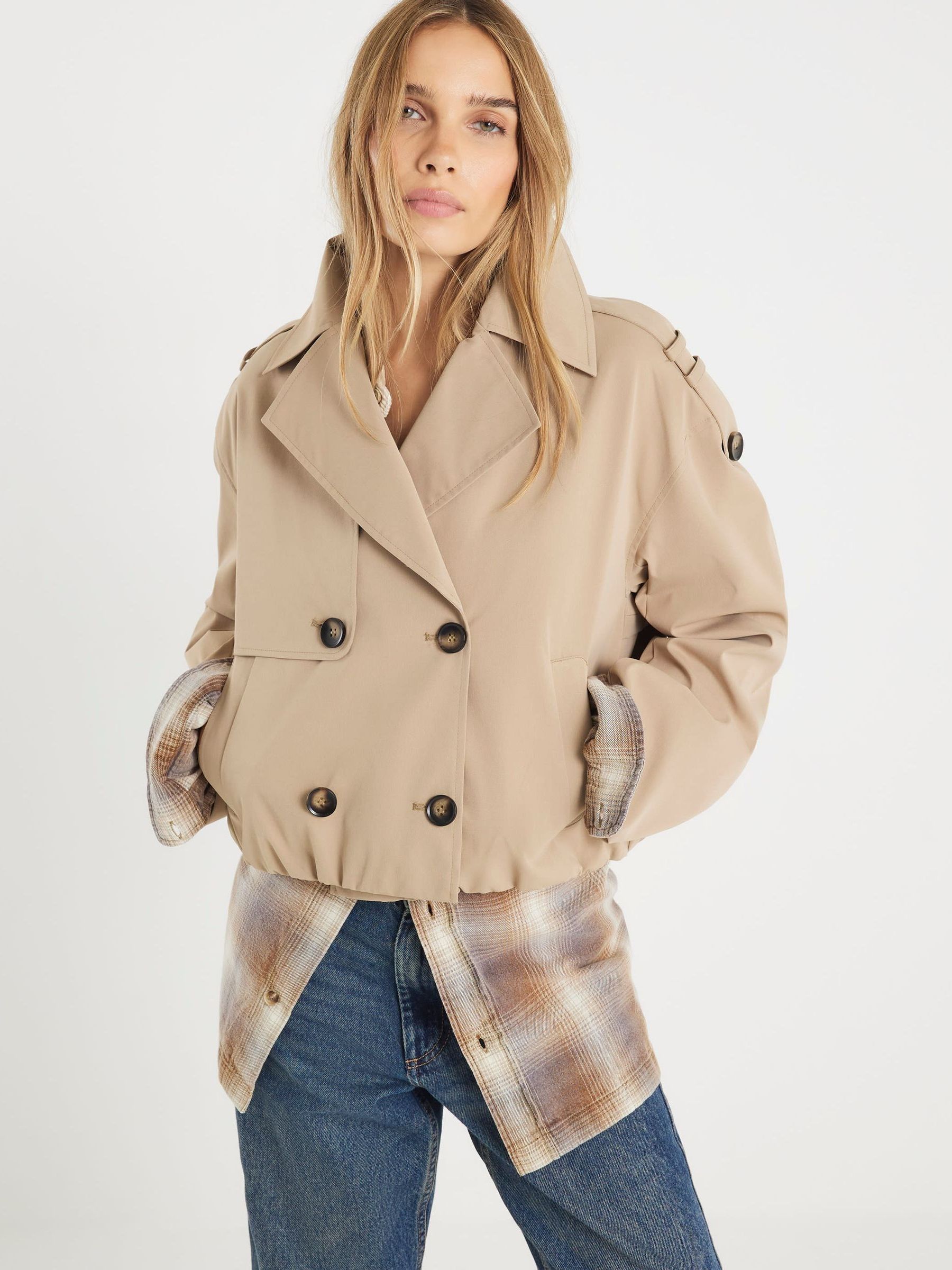 Buy River Island Brown Short Bubble Hem Trench Jacket from the