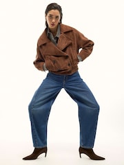 River Island Brown Faux Suede Dropped Bomber Jacket - Image 1 of 4