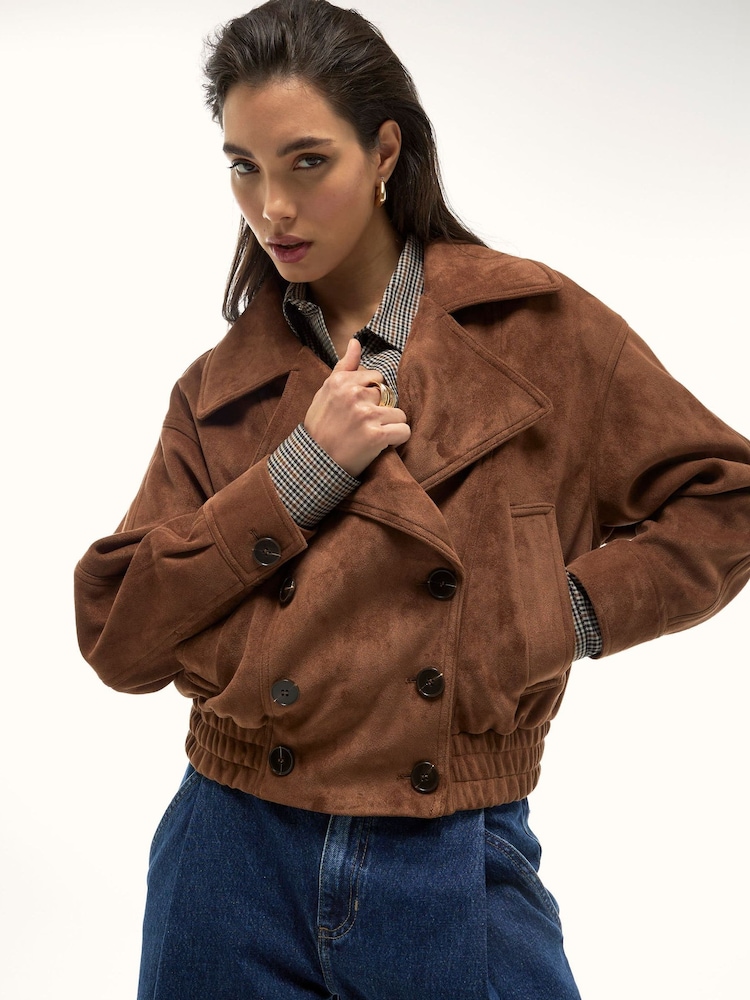 River Island Brown Faux Suede Dropped Bomber Jacket - Image 2 of 4
