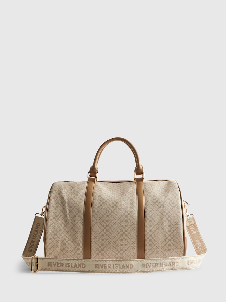 River Island Brown Monogram Buckle Barrel Holdall - Image 2 of 6 River Island Brown Monogram Buckle Barrel Holdall - Image 2 of 6
