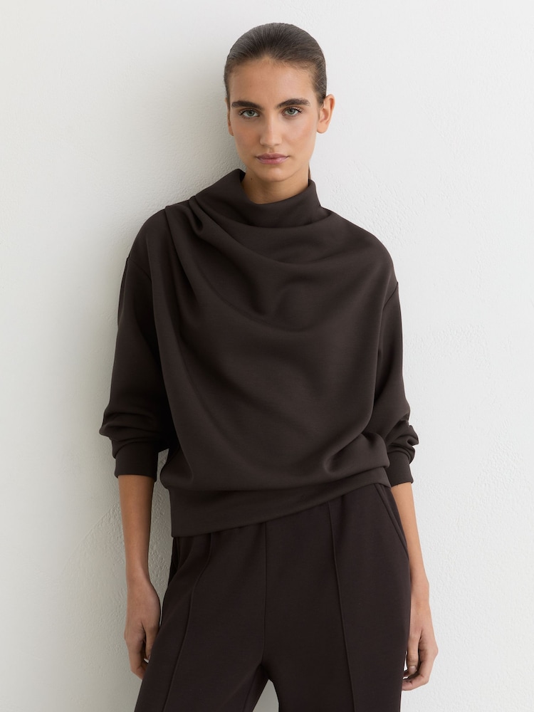 Reiss Dark Chocolate Brown Charlotte Premium Interlock Drape-Neck Sweatshirt - Image 1 of 7
