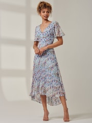 Jolie Moi Blue Chiffon V Neck Midaxi Dress - Image 1 of 6