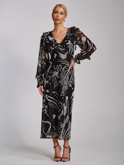 Jolie Moi Black Abstract Ruffle V-Neck Long Sleeve Mesh Midaxi Dress - Image 1 of 6