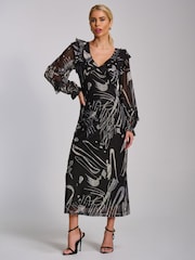 Jolie Moi Black Abstract Ruffle V-Neck Long Sleeve Mesh Midaxi Dress - Image 4 of 6
