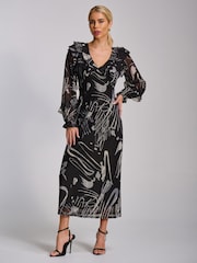 Jolie Moi Black Abstract Ruffle V-Neck Long Sleeve Mesh Midaxi Dress - Image 5 of 6