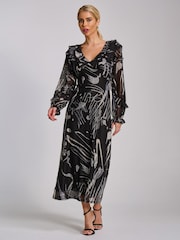Jolie Moi Black Abstract Ruffle V-Neck Long Sleeve Mesh Midaxi Dress - Image 6 of 6