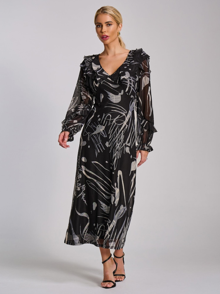 Jolie Moi Black Abstract Ruffle V-Neck Long Sleeve Mesh Midaxi Dress - Image 6 of 6