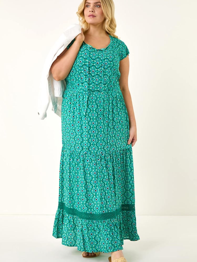 Roman Blue Curve Floral Print Swing Midi Dress - Image 1 of 5