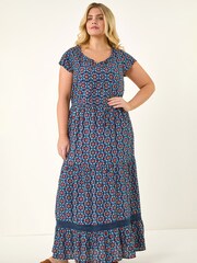 Roman Red Curve Floral Print Swing Midi Dress - Image 2 of 5