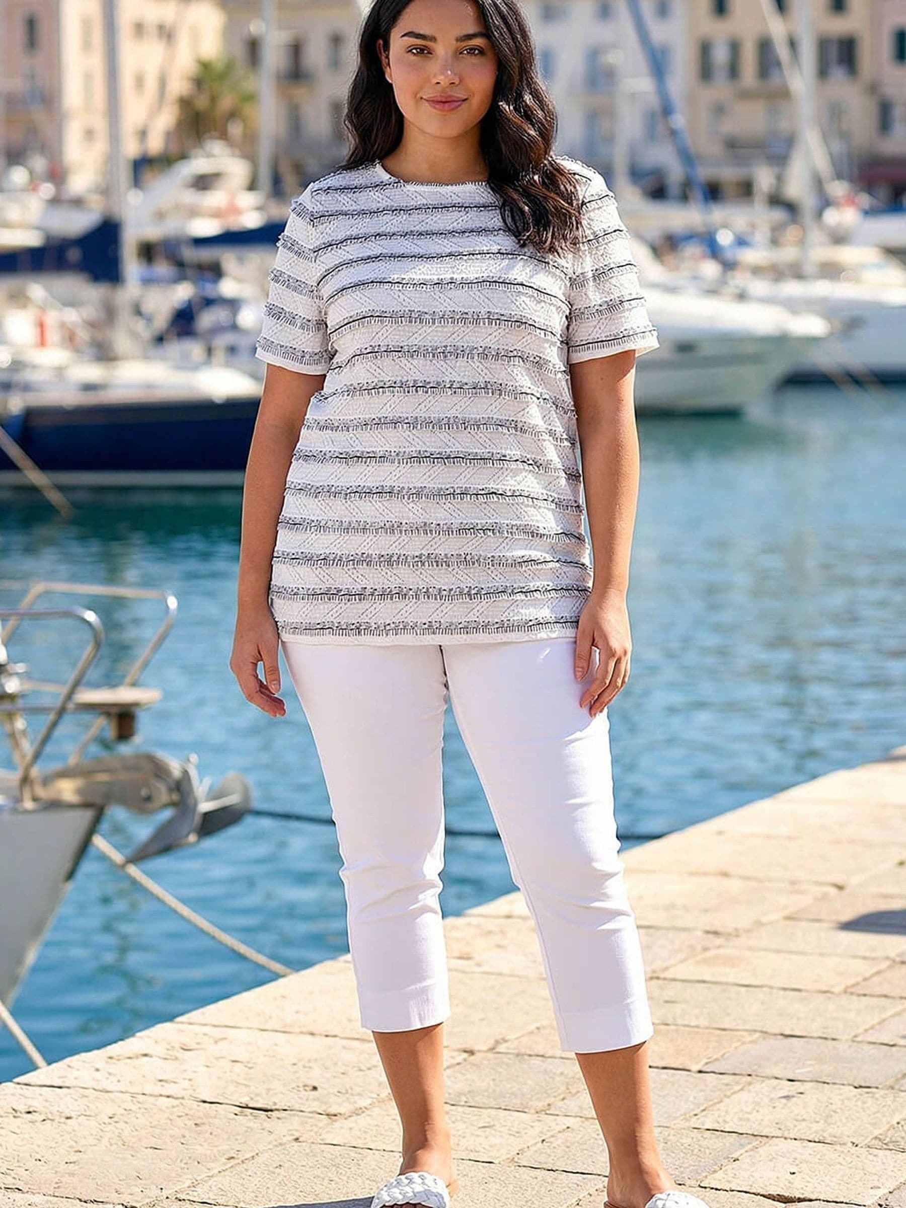 Roman Women's White Curve Stripe Frill Lace Top