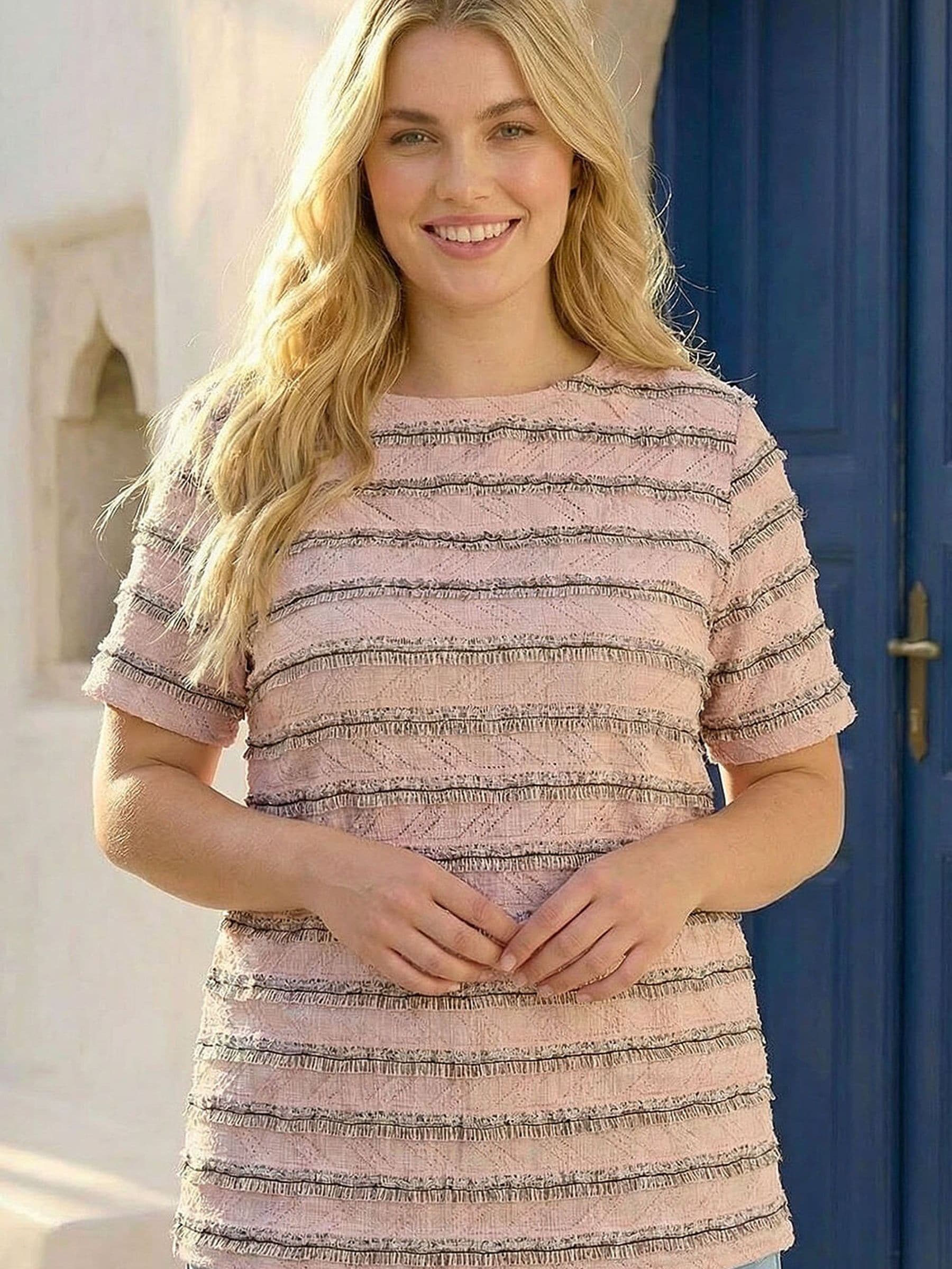 Roman Women's Pink Curve Stripe Frill Lace Top