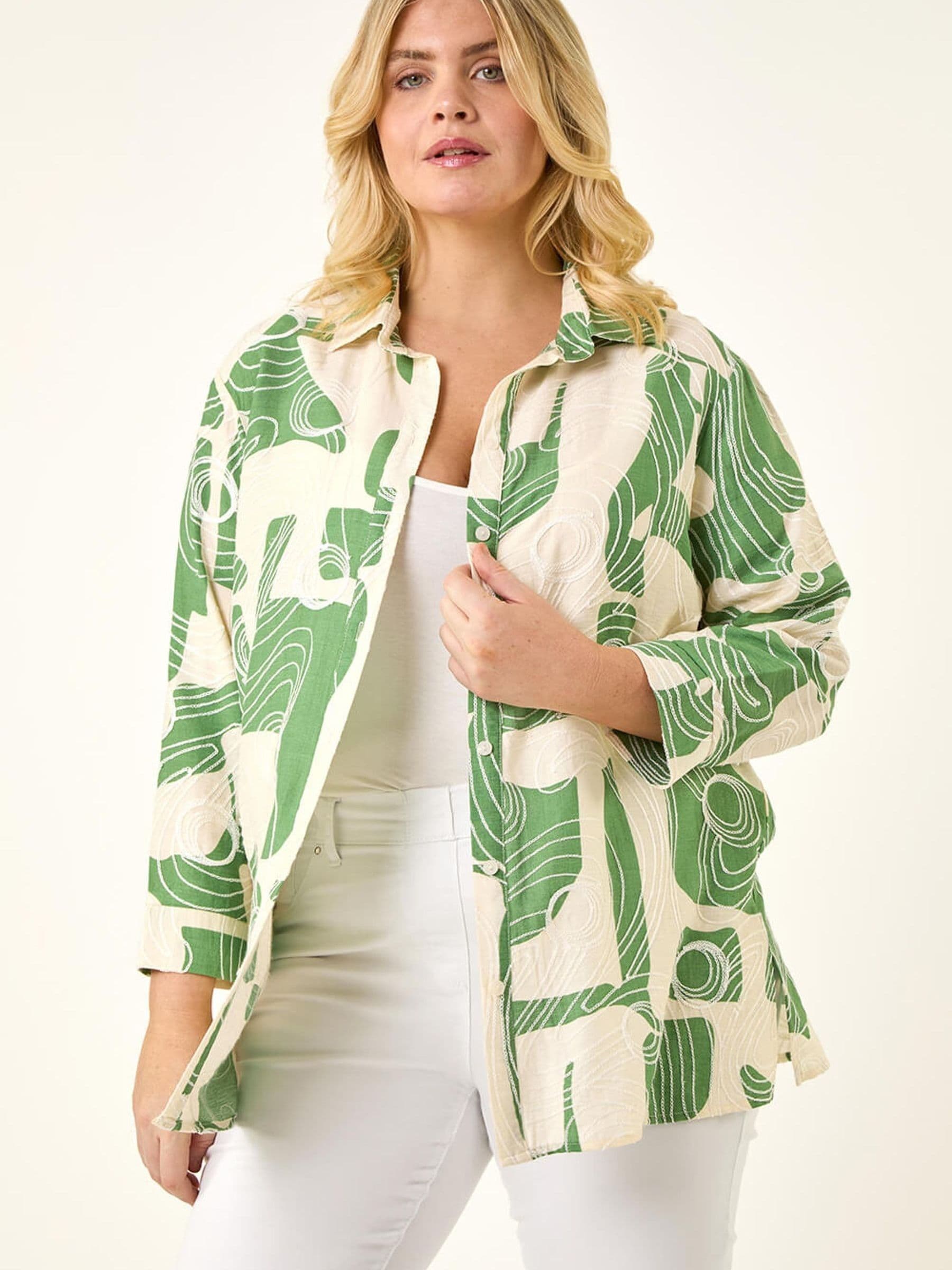 Roman Women's Green Curve Textured Geometric Shirt
