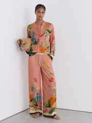 Reiss Pink Milos Tropical Scarf-Print Wide-Leg Trousers - Image 1 of 7