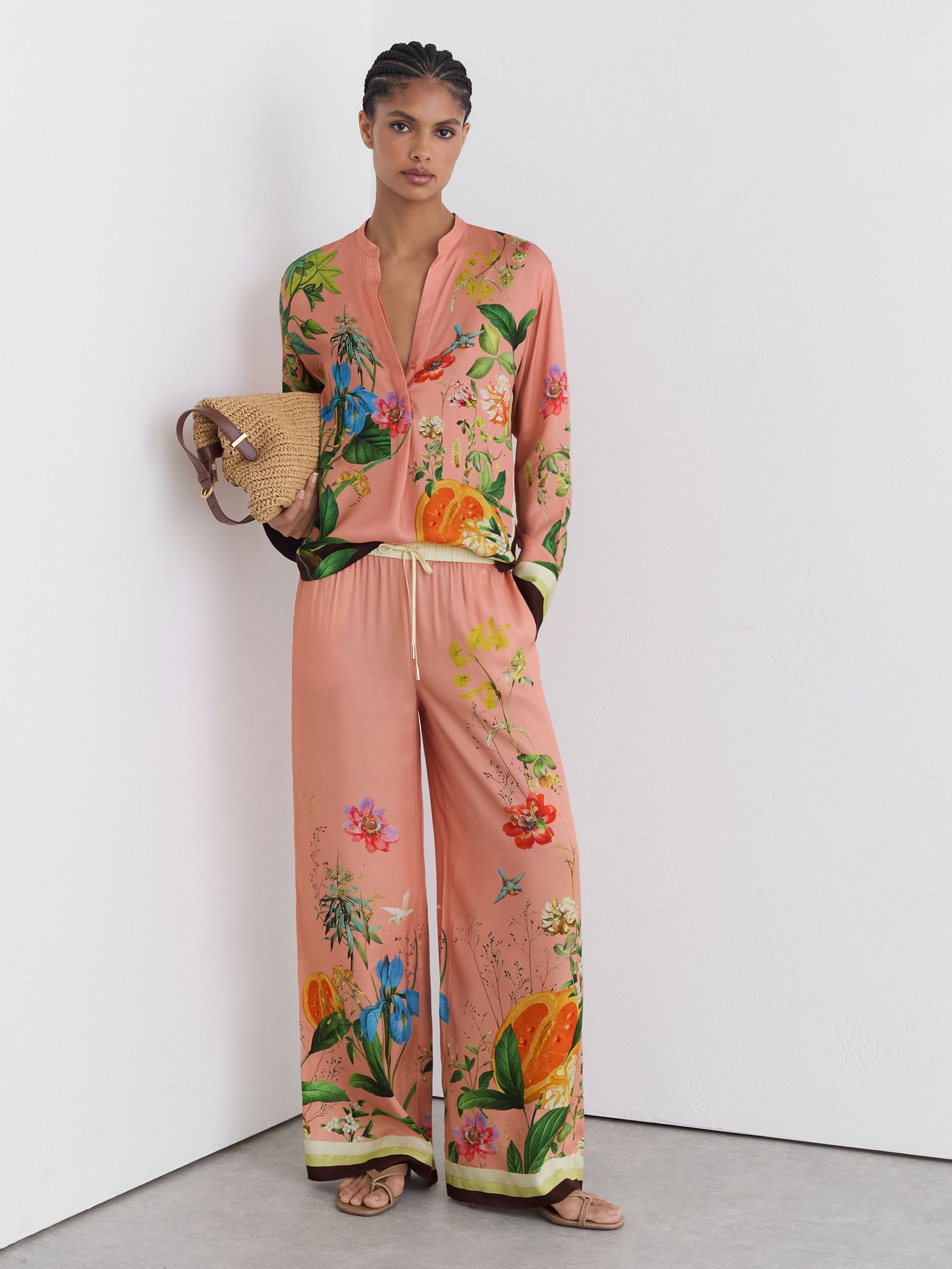 Buy Reiss Pink Milos Tropical Scarf-Print Wide-Leg Trousers from
