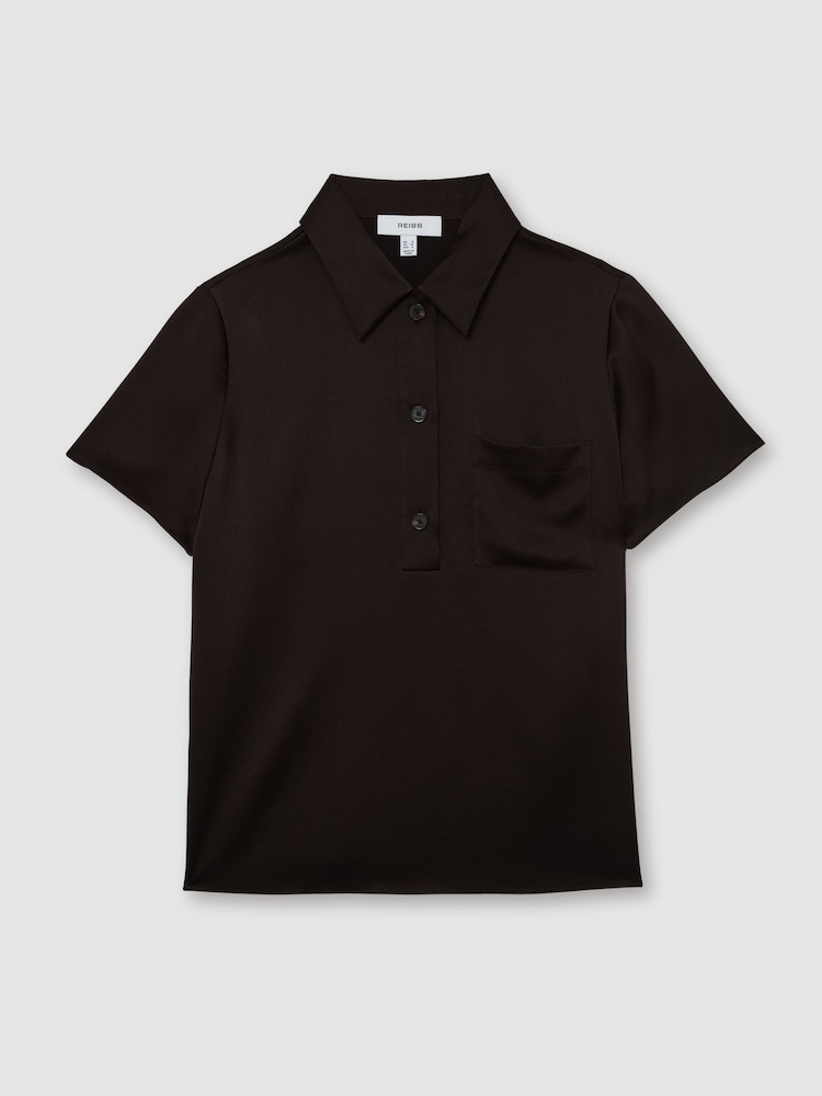 Reiss Chocolate Brown Polly Silk Half-Button Short-Sleeve Shirt - Image 2 of 7
