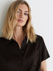 Reiss Chocolate Brown Polly Silk Half-Button Short-Sleeve Shirt - Image 3 of 7