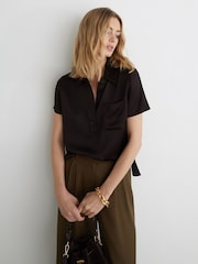Reiss Chocolate Brown Polly Silk Half-Button Short-Sleeve Shirt - Image 4 of 7