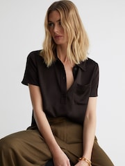 Reiss Chocolate Brown Polly Silk Half-Button Short-Sleeve Shirt - Image 5 of 7
