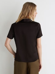 Reiss Chocolate Brown Polly Silk Half-Button Short-Sleeve Shirt - Image 6 of 7