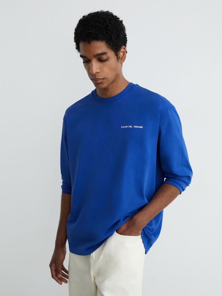 Reiss Bright Blue Palma Cotton Logo Long-Sleeve Relaxed T-Shirt - Image 1 of 6 Reiss Bright Blue Palma Cotton Logo Long-Sleeve Relaxed T-Shirt - Image 1 of 6