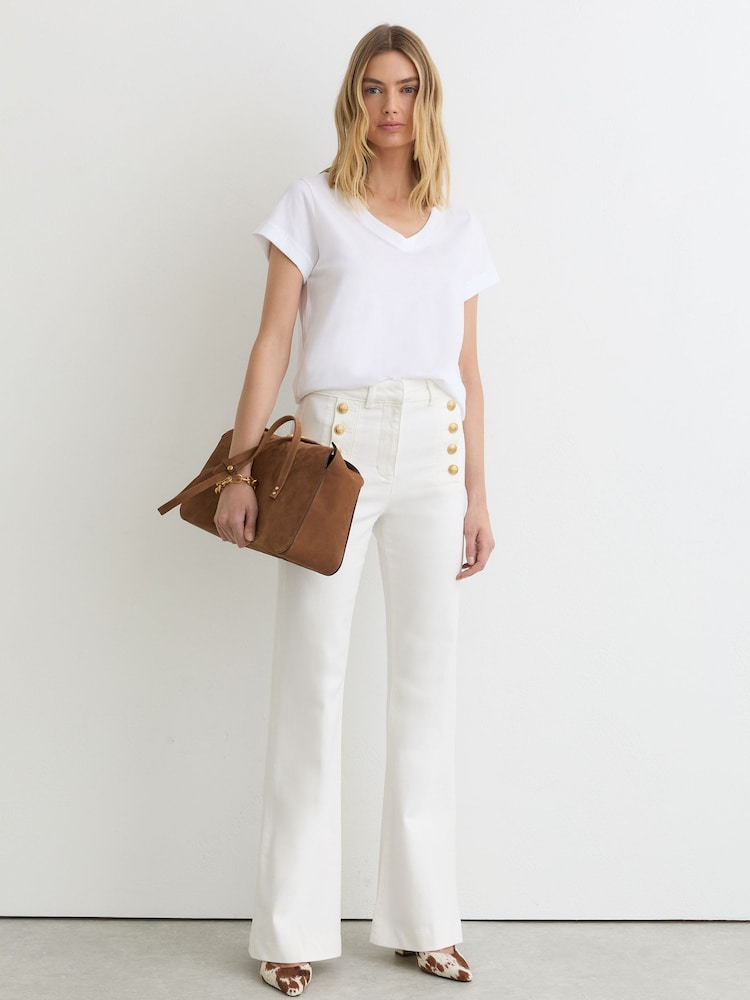 Reiss White Athena Button-Detail Flared Jeans - Image 1 of 8 Reiss White Athena Button-Detail Flared Jeans - Image 1 of 8