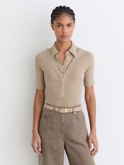 Reiss Oatmeal Neutral Shona Collar-Insert Jersey-Knit Top with Wool - Image 1 of 6