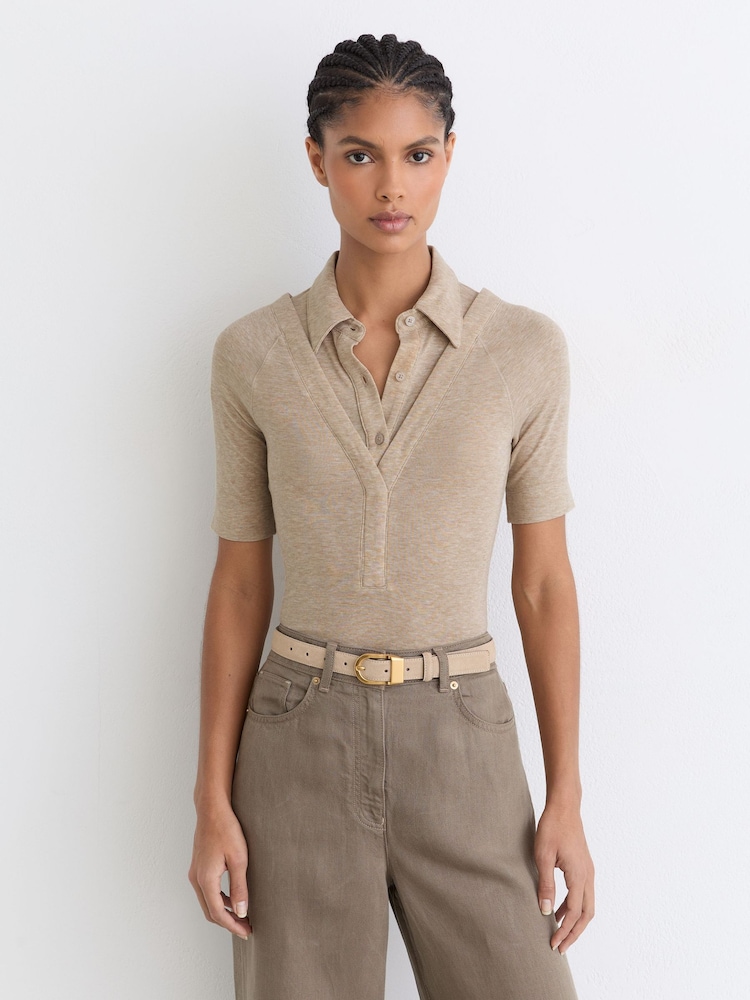 Reiss Oatmeal Neutral Shona Collar-Insert Jersey-Knit Top with Wool - Image 1 of 6 Reiss Oatmeal Neutral Shona Collar-Insert Jersey-Knit Top with Wool - Image 1 of 6