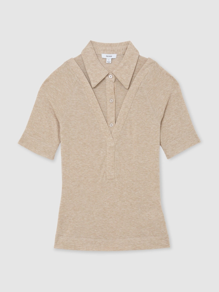 Reiss Oatmeal Neutral Shona Collar-Insert Jersey-Knit Top with Wool - Image 2 of 6 Reiss Oatmeal Neutral Shona Collar-Insert Jersey-Knit Top with Wool - Image 2 of 6