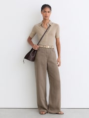 Reiss Oatmeal Neutral Shona Collar-Insert Jersey-Knit Top with Wool - Image 3 of 6