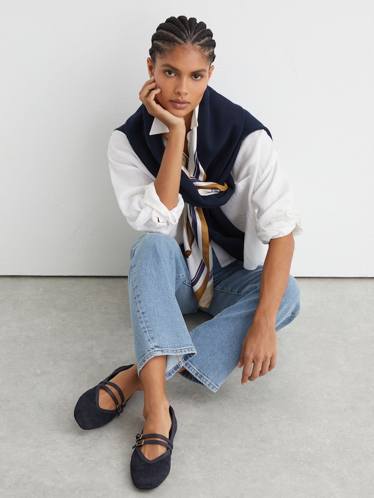 Reiss Navy Eliza Suede Croc-Embossed Ballet Flats - Image 1 of 5