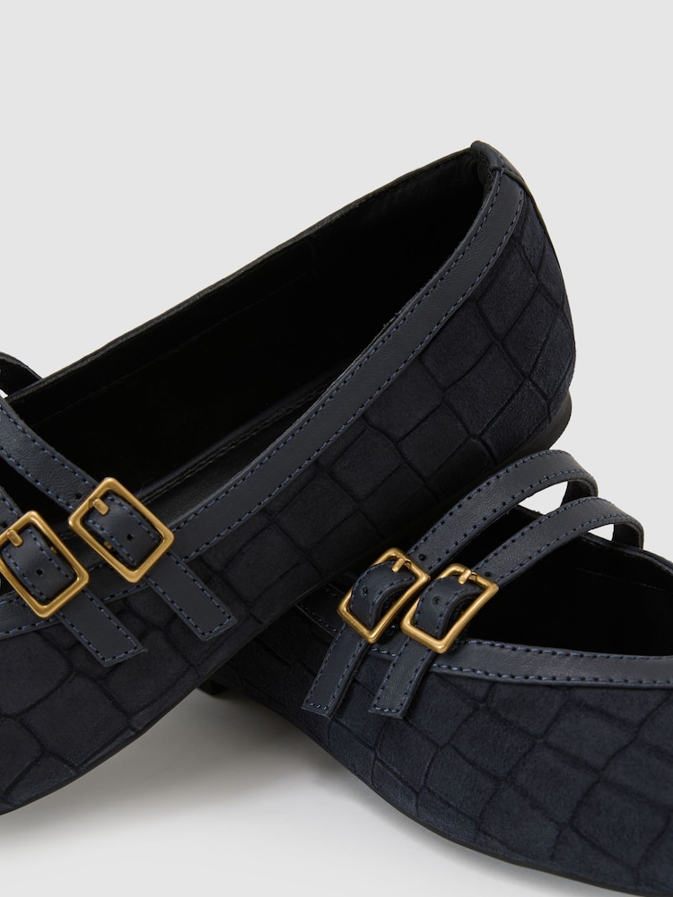 Reiss Navy Eliza Suede Croc-Embossed Ballet Flats - Image 5 of 5