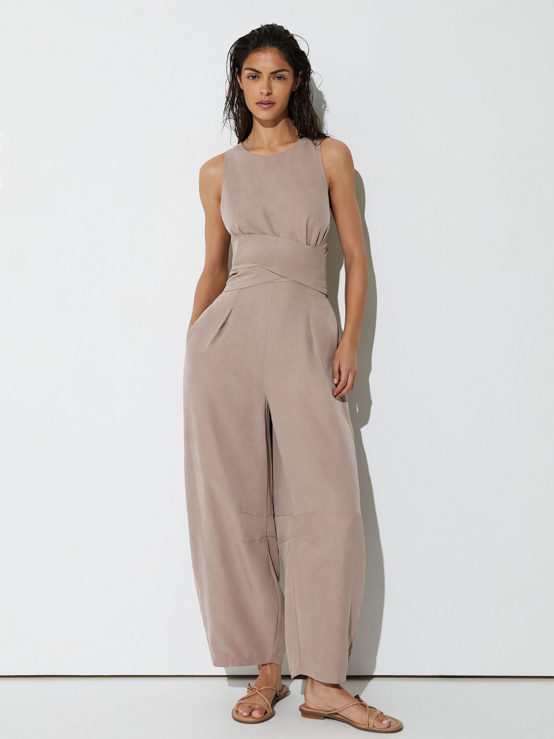 Reiss Taupe Neutral Lyocell Cross-back Barrel-leg Jumpsuit