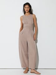 Reiss Taupe Neutral Yasmin Lyocell Cross-Back Barrel-Leg Jumpsuit - Image 1 of 7