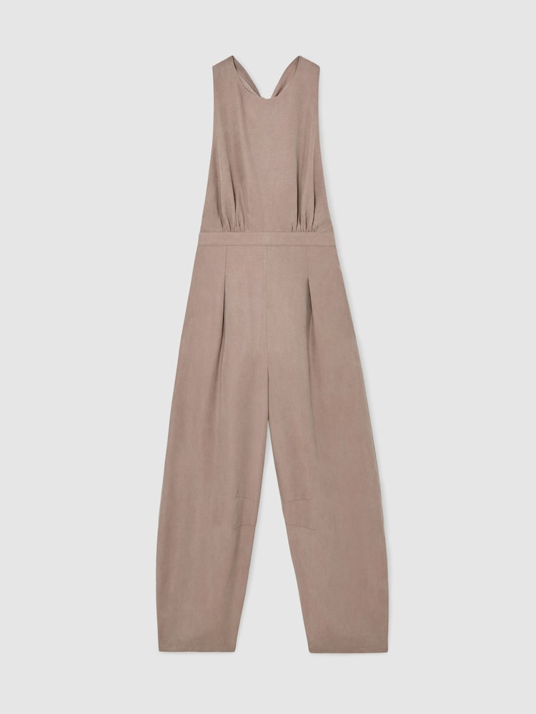 Reiss Taupe Neutral Yasmin Lyocell Cross-Back Barrel-Leg Jumpsuit - Image 2 of 7 Reiss Taupe Neutral Yasmin Lyocell Cross-Back Barrel-Leg Jumpsuit - Image 2 of 7