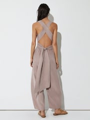 Reiss Taupe Neutral Yasmin Lyocell Cross-Back Barrel-Leg Jumpsuit - Image 4 of 7