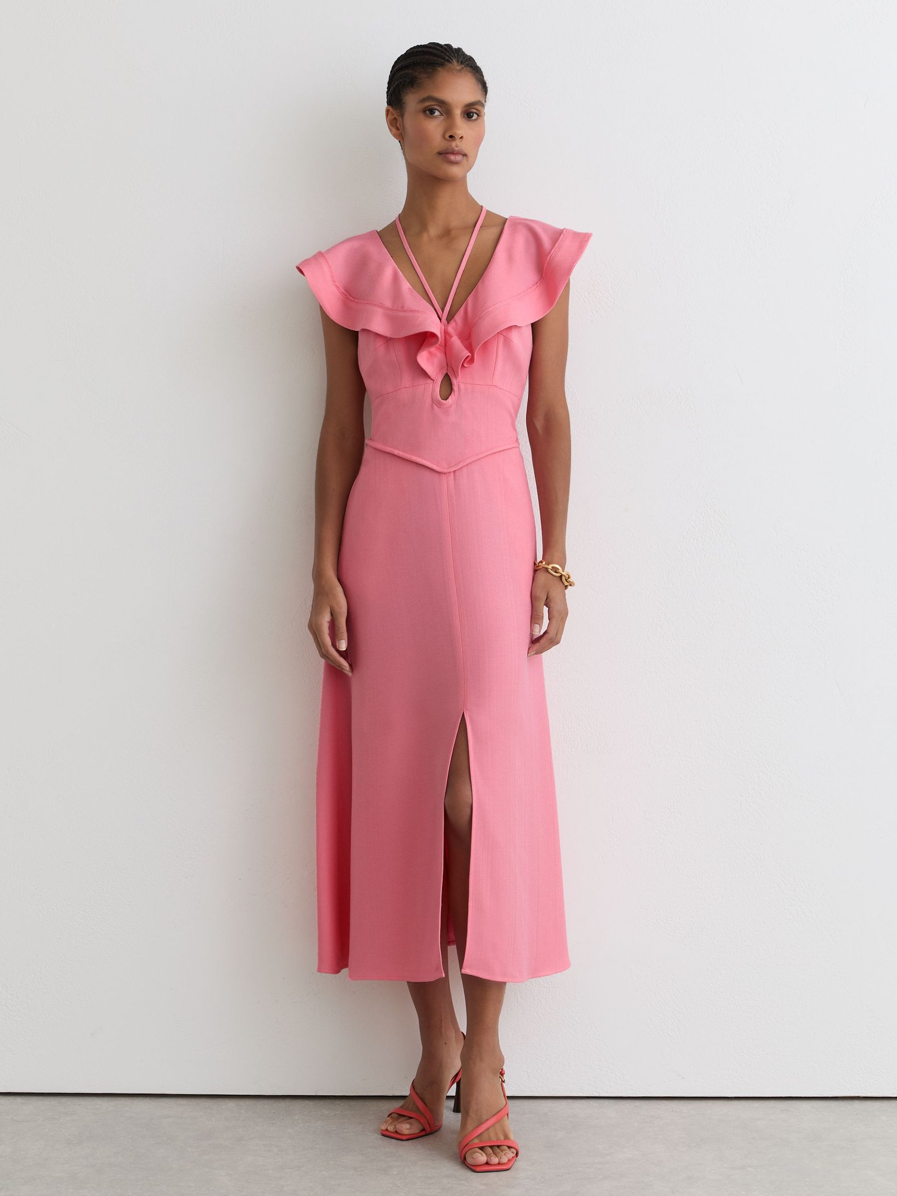 Buy Reiss Pink Giselle Ruffle Tie-Neck Keyhole Midi Dress from the