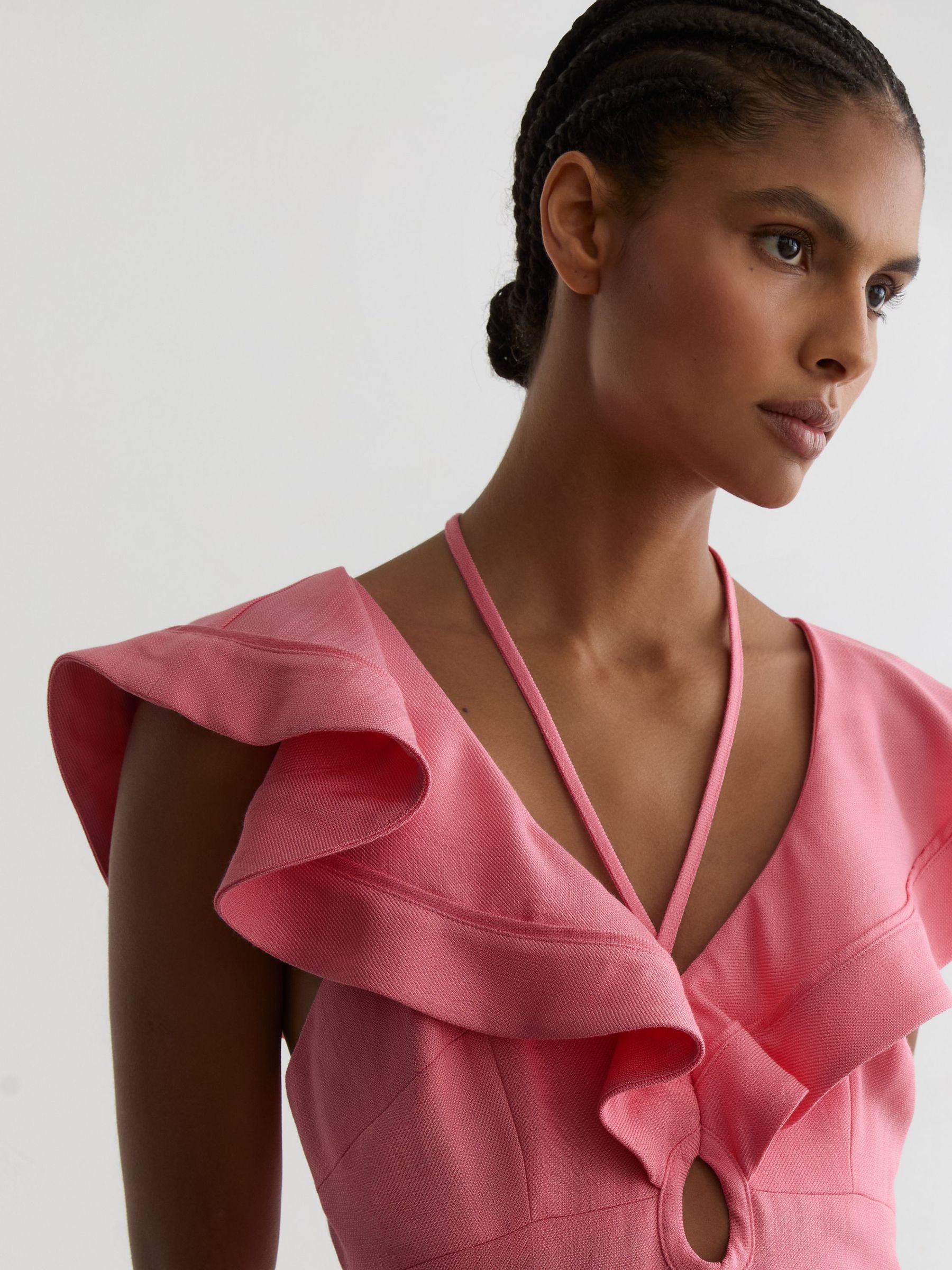 Buy Reiss Pink Giselle Ruffle Tie-Neck Keyhole Midi Dress from